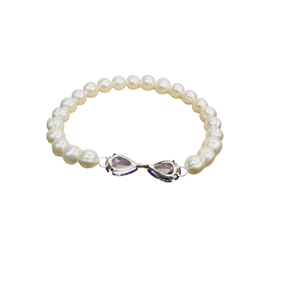 Lilac Dream Purple Honora  Ivory Freshwater Pearl Bow Zircon Bracelet - Sterling Silver, Elegant Jewelry 