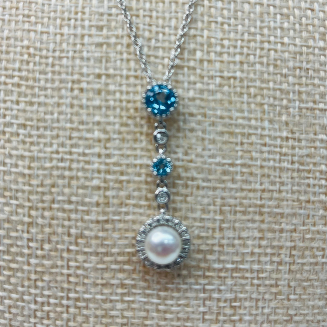 Soft Blue and Crystal Zircon Sterling Silver Pendant Necklace with Dangling Freshwater Pearl.