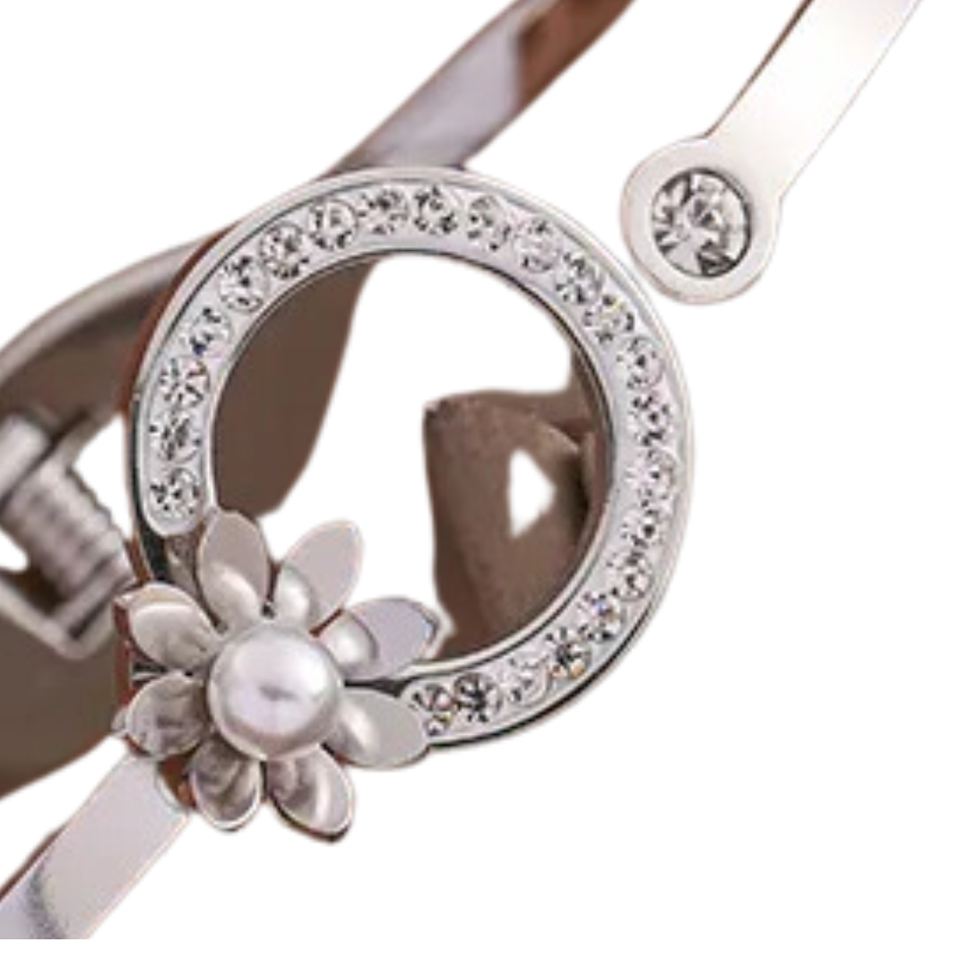 Silver Floral Circle Stainless Steel Artificial Rhinestones Bangle