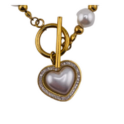 Heart Charm Freshwater Pearl Bracelet with Zirconia Stone - Gold Finish, Toggle Clasp