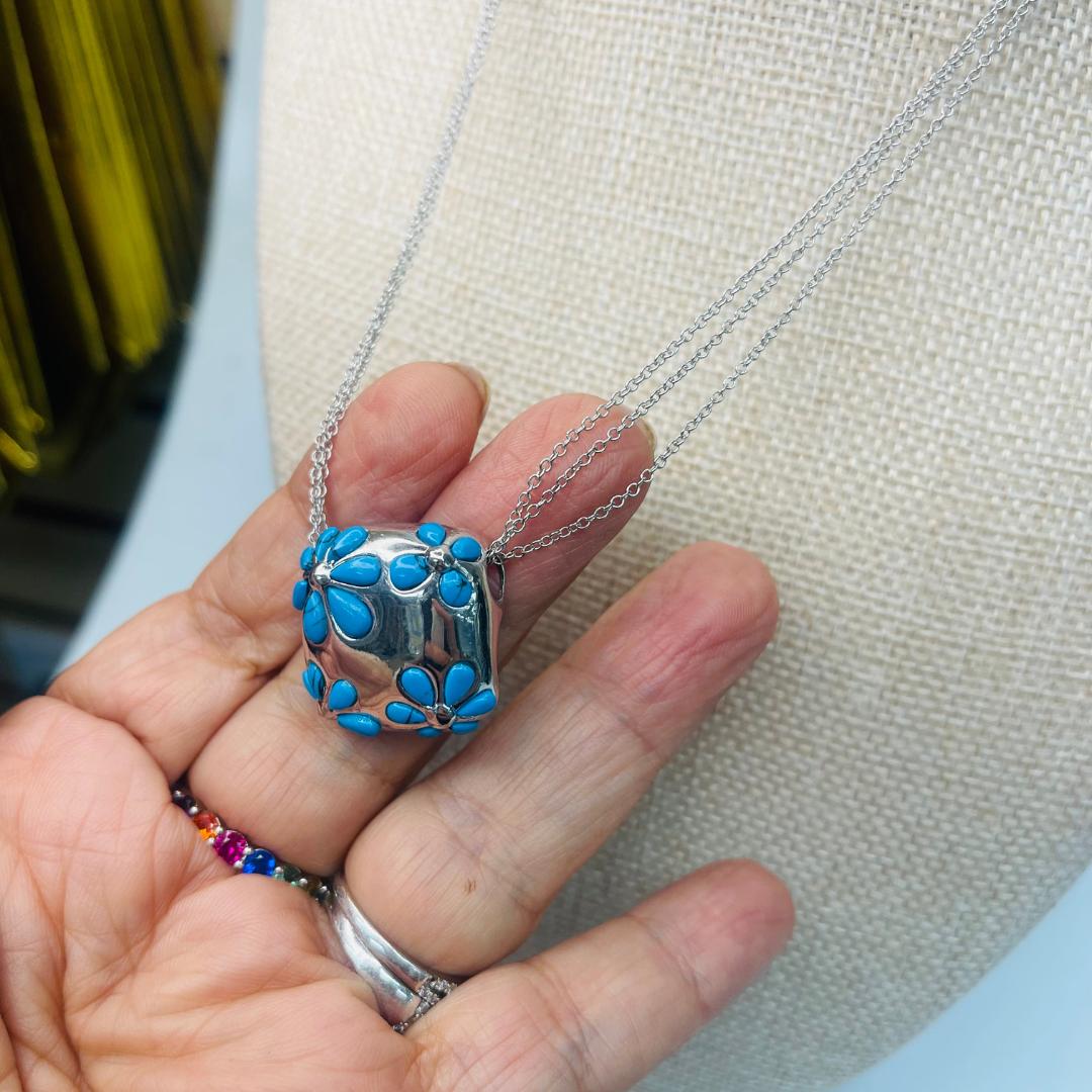 Turquoise Blossom Square Pendant in Sterling Silver, Artisan Crafted Necklace, Elegant Jewelry, Boho Chic