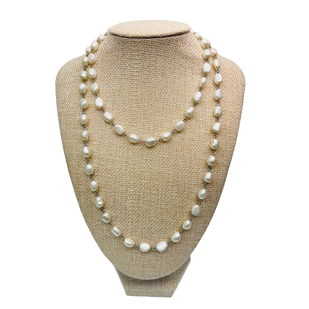 Ivory, Freshwater Pearl, Extra Long Necklace, Sterling Silver Links, Gift for Her