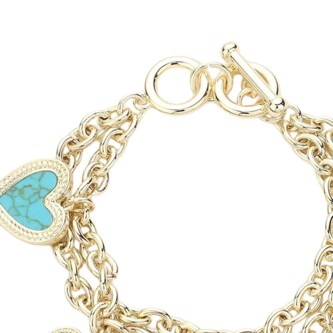 Gold Tone, Faux Pearl, Turquoise Color, White Color, Heart Charm,  Layered Toggle Bracelet,  Elegant, Multi-Strand, Secure Clasp, Gift for Her