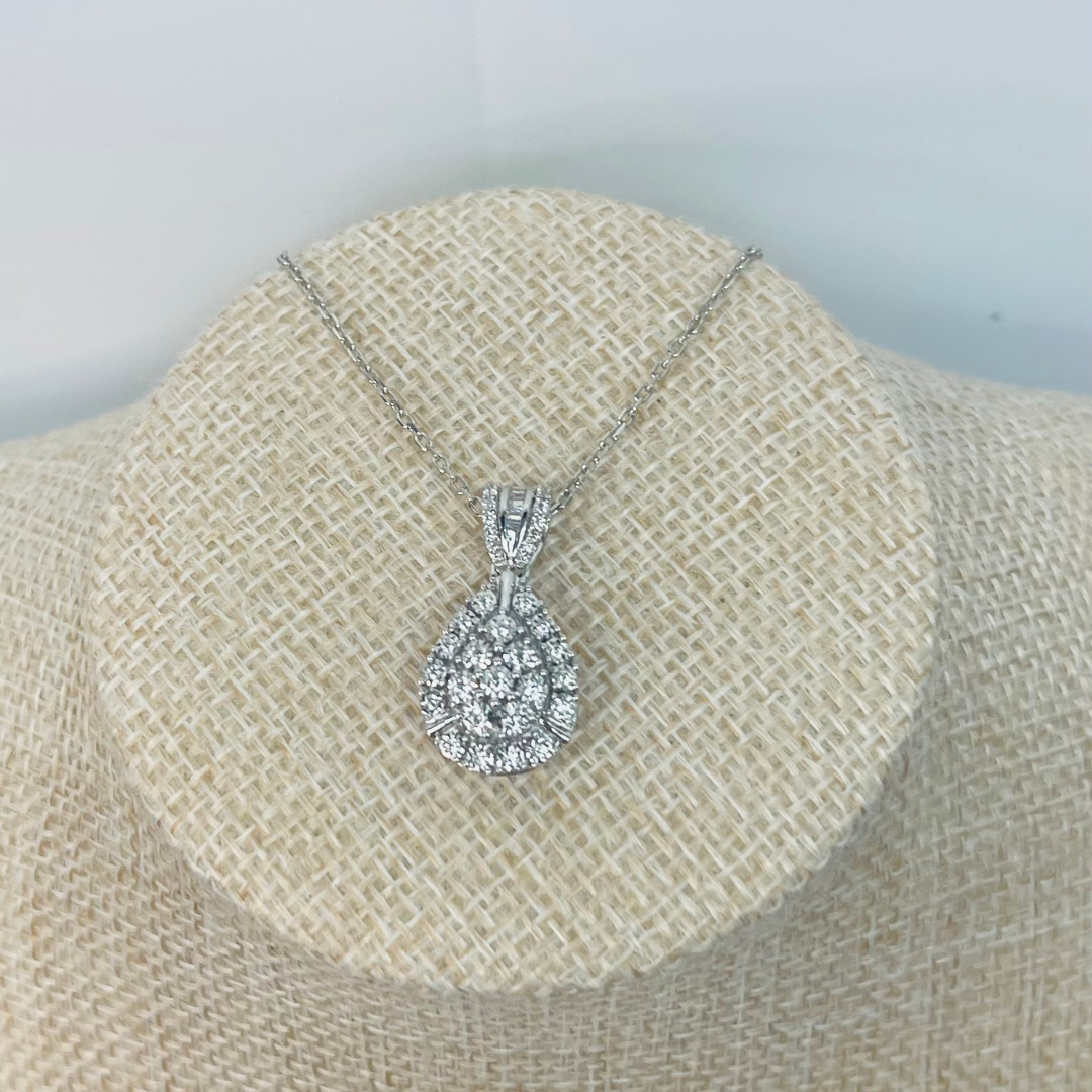 Zircon Cluster Sterling Silver Tear Drop Pendant Necklace