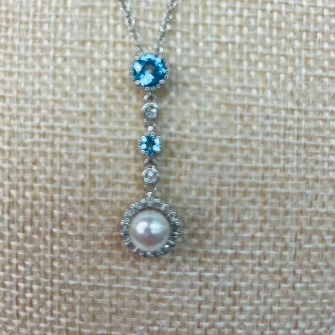 Soft Blue and Crystal Zircon Sterling Silver Pendant Necklace with Dangling Freshwater Pearl.