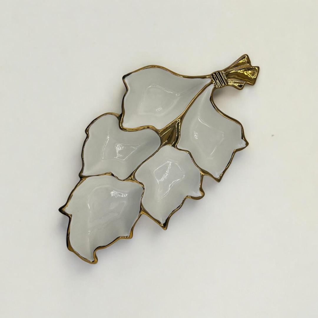 White, Gold Trim, Leaf Shaped, 4-Section, Appetizer Plate, Elegant Party Plate (Copy)