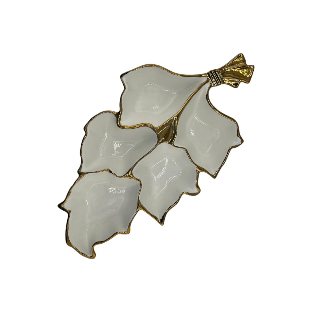 White, Gold Trim, Leaf Shaped, 4-Section, Appetizer Plate, Elegant Party Plate (Copy)