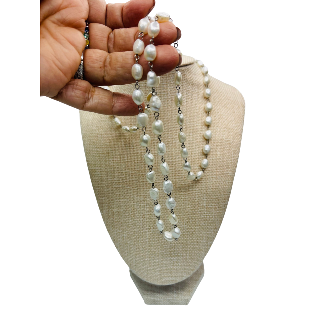 Ivory, Freshwater Pearl, Extra Long Necklace, Sterling Silver Links, Gift for Her