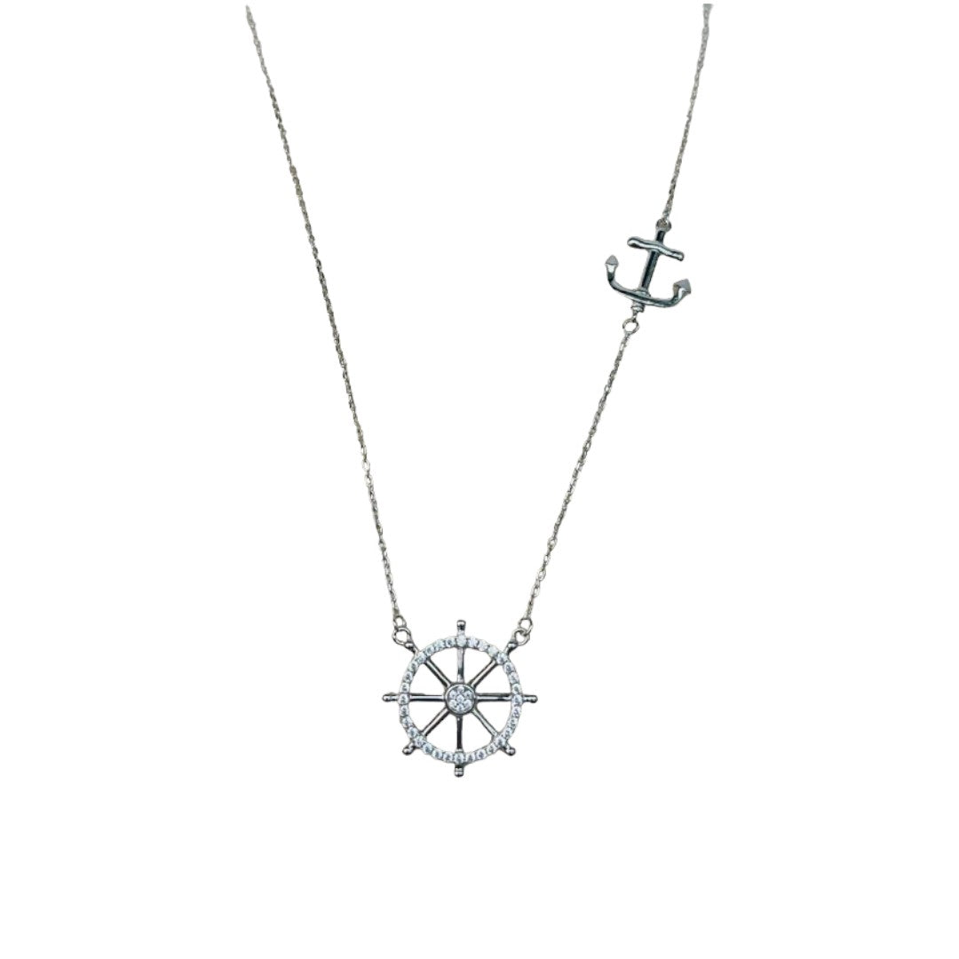 Cubic Zirconia Sterling Silver Wheel and Anchor Hang Tag Pendant Charm Necklace