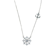 Cubic Zirconia Sterling Silver Wheel and Anchor Hang Tag Pendant Charm Necklace