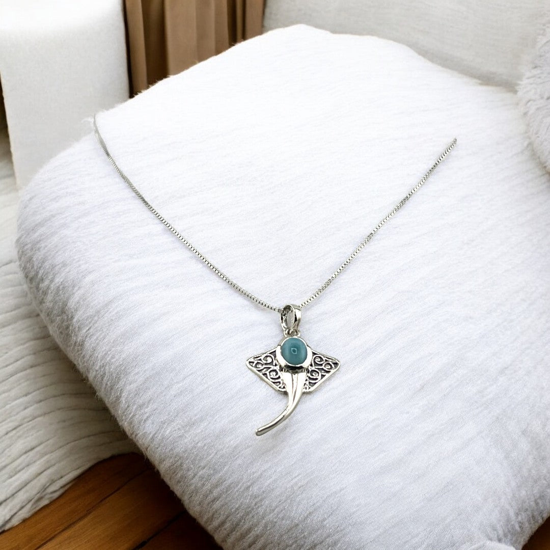 Stingray Pendant, Larimar Gemstone, Sterling Silver Necklace, Unique Ocean-Inspired Jewelry