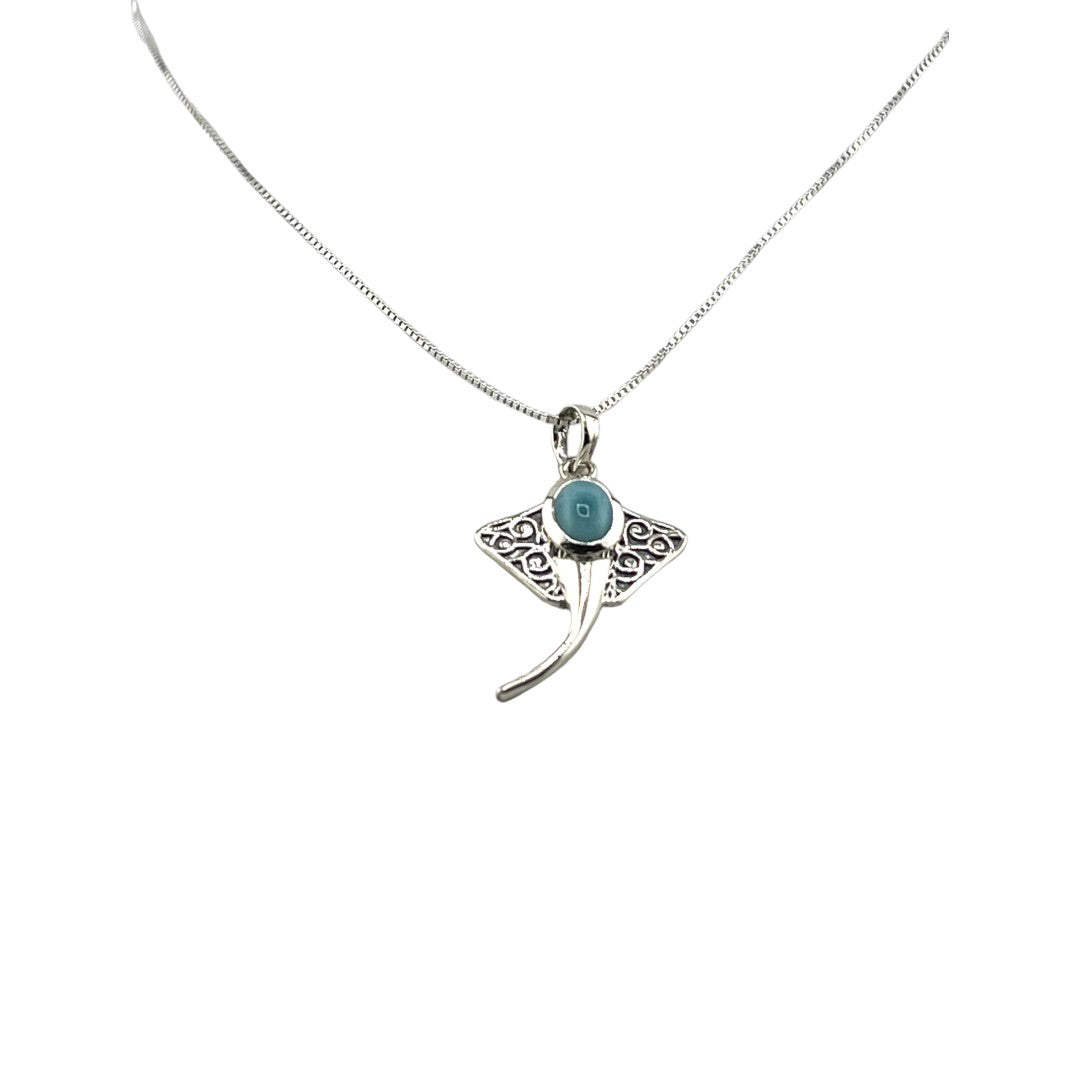 Stingray Pendant, Larimar Gemstone, Sterling Silver Necklace, Unique Ocean-Inspired Jewelry