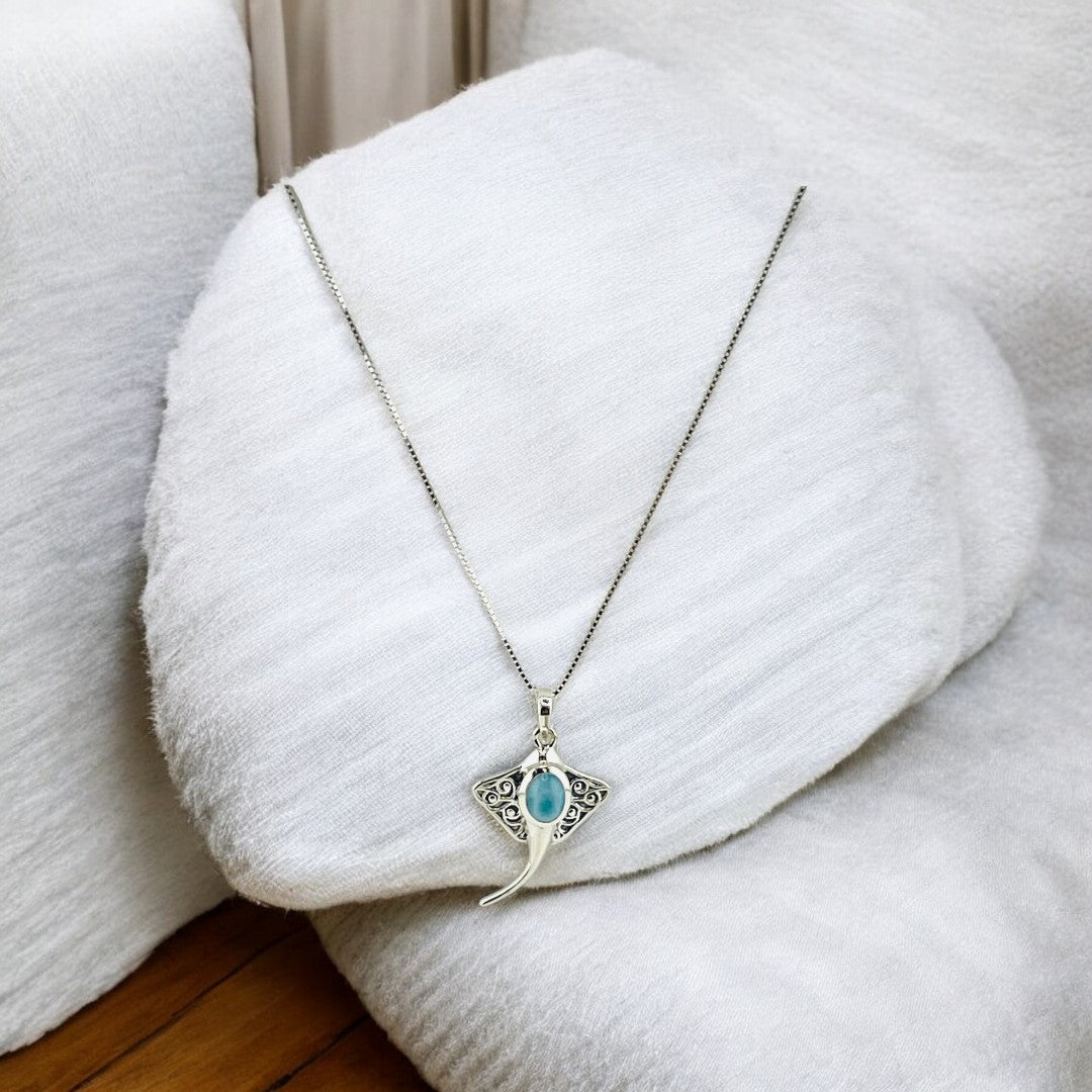 Stingray Pendant, Larimar Gemstone, Sterling Silver Necklace, Unique Ocean-Inspired Jewelry