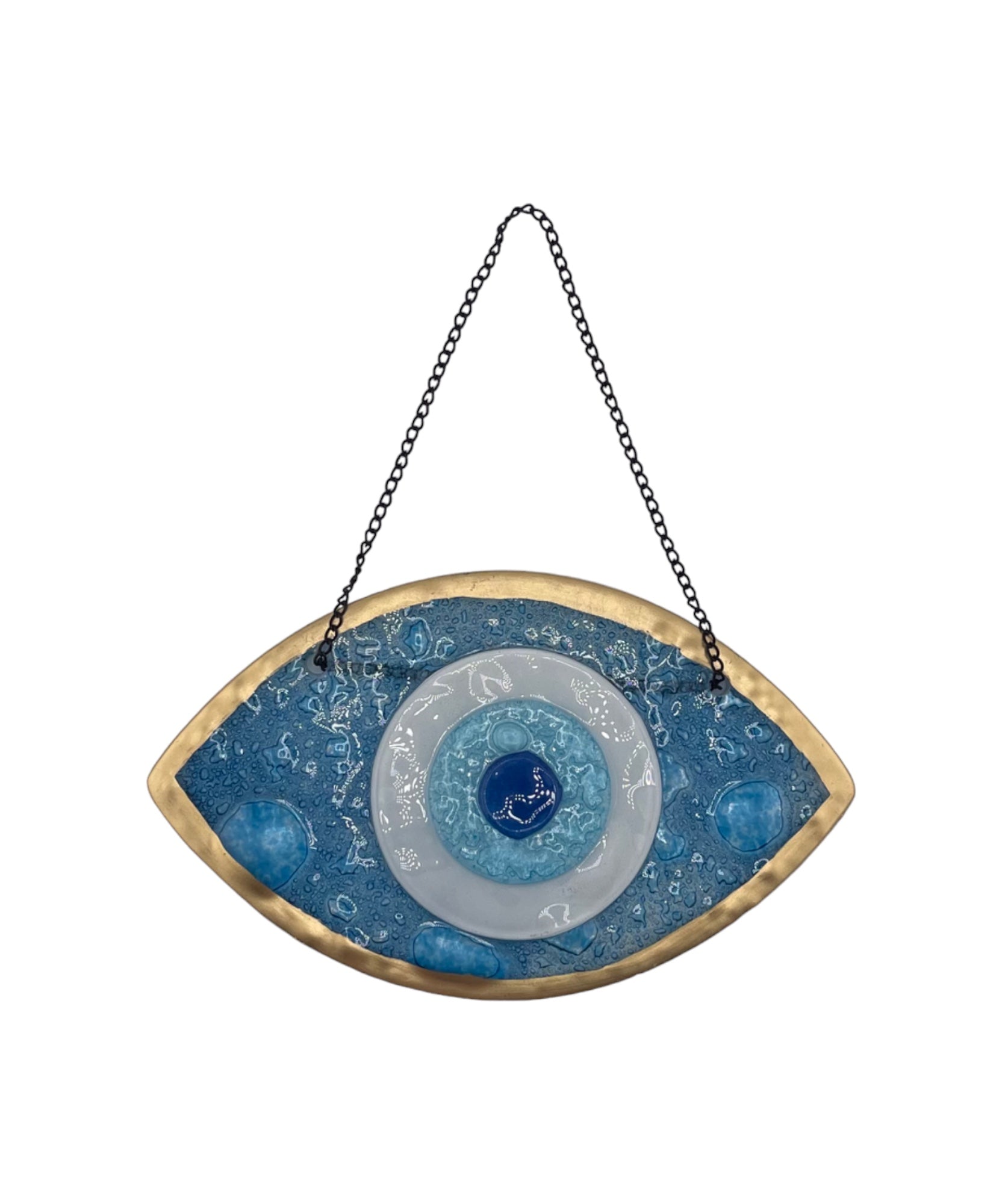 Handmade Fused Glass Wall Hanging with Light Blue and Gold Bubble Glass and Evil Eye Design for Home Decor