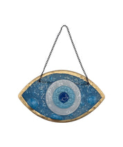 Handmade Fused Glass Wall Hanging with Light Blue and Gold Bubble Glass and Evil Eye Design for Home Decor