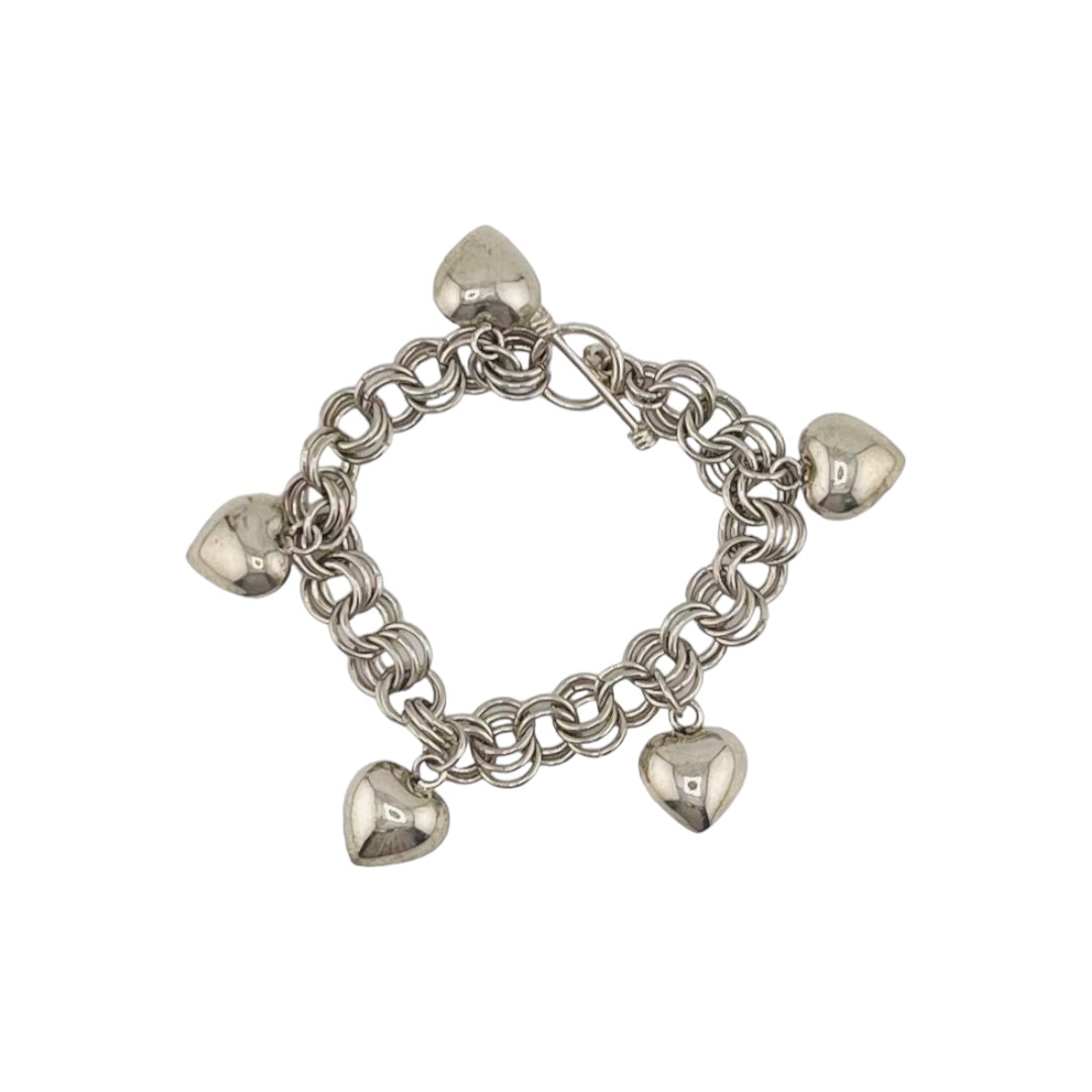 Sterling Silver Chain Link Bracelet with Heart Charms and Toggle Clasp, Jewelry, Elegant Gift, Gift for Her