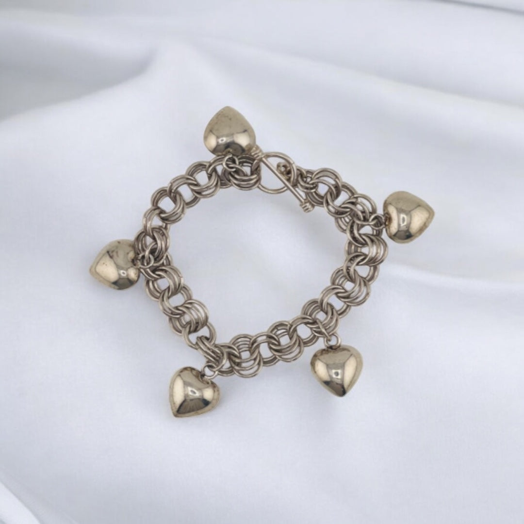 Sterling Silver Chain Link Bracelet with Heart Charms and Toggle Clasp, Jewelry, Elegant Gift, Gift for Her