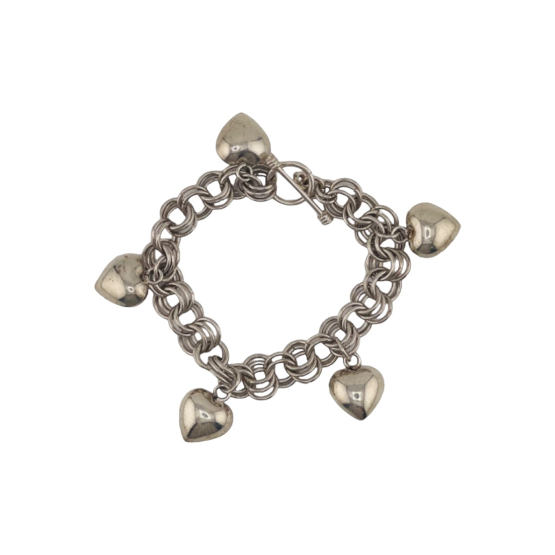Sterling Silver Chain Link Bracelet with Heart Charms and Toggle Clasp, Jewelry, Elegant Gift, Gift for Her