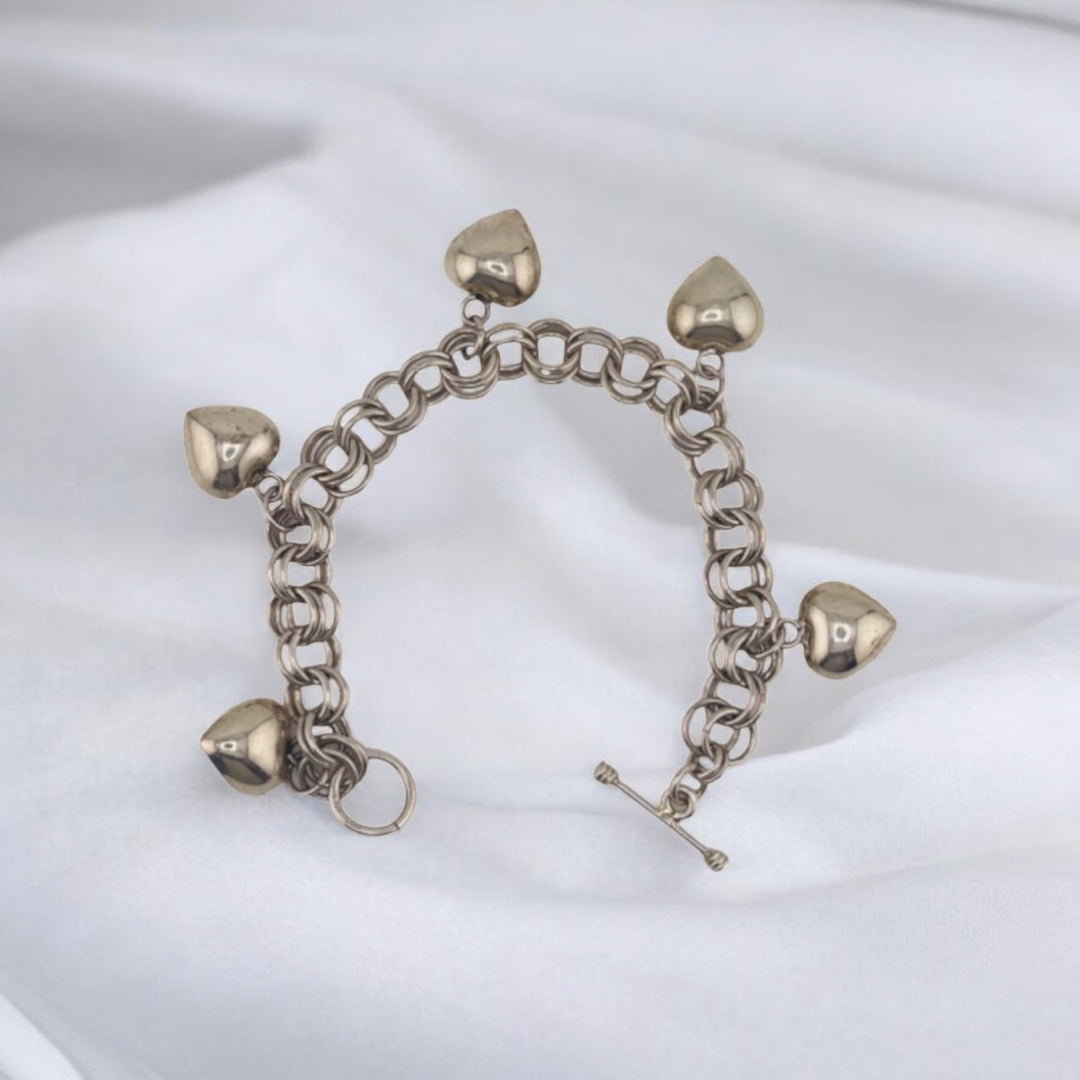 Sterling Silver Chain Link Bracelet with Heart Charms and Toggle Clasp, Jewelry, Elegant Gift, Gift for Her