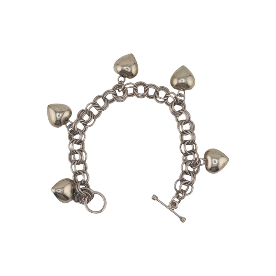 Sterling Silver Chain Link Bracelet with Heart Charms and Toggle Clasp, Jewelry, Elegant Gift, Gift for Her