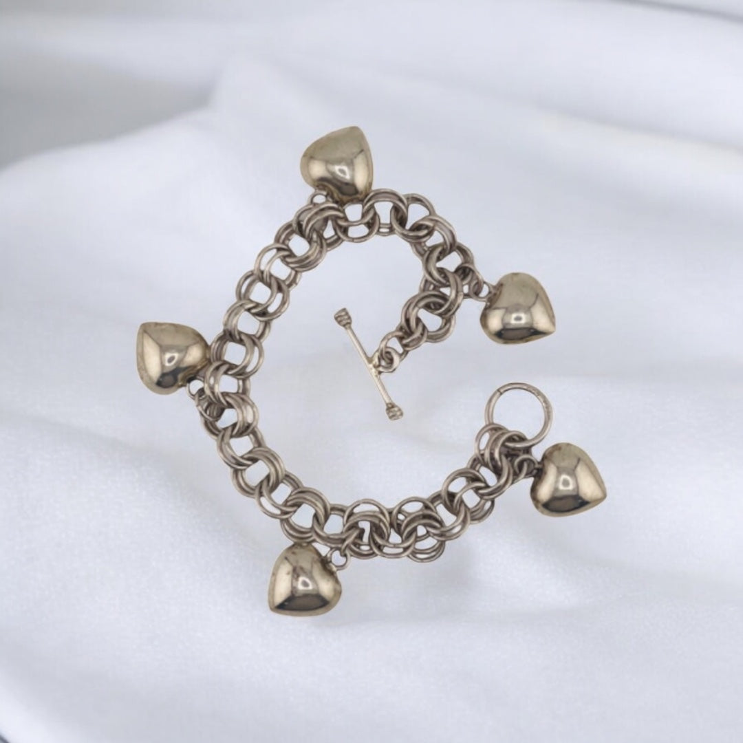 Sterling Silver Chain Link Bracelet with Heart Charms and Toggle Clasp, Jewelry, Elegant Gift, Gift for Her