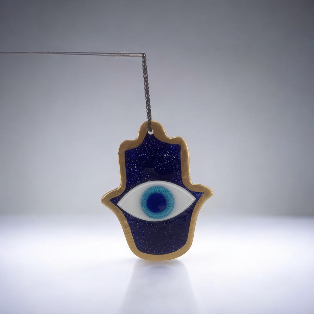 Fused Glass, Hamsa, Evil Eye, Dark Blue, Wall Ornament, Home Protection