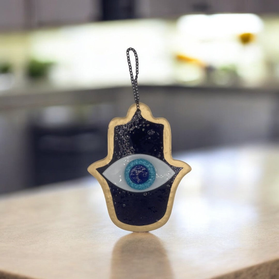 Fused Glass, Hamsa, Evil Eye, Dark Blue, Wall Ornament, Home Protection