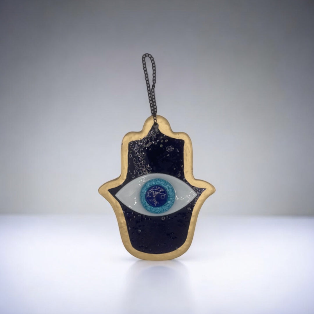 Fused Glass, Hamsa, Evil Eye, Dark Blue, Wall Ornament, Home Protection