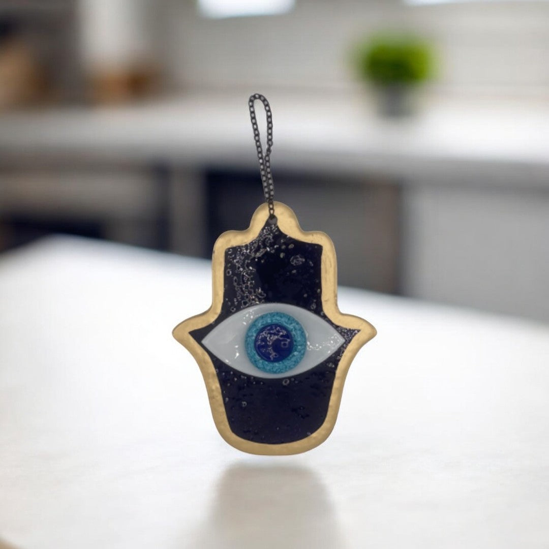 Fused Glass, Hamsa, Evil Eye, Dark Blue, Wall Ornament, Home Protection