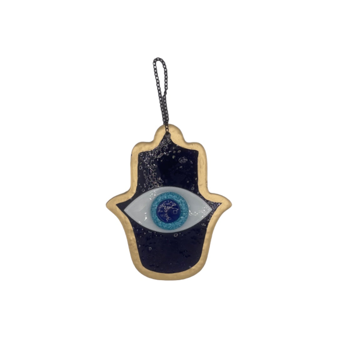Fused Glass, Hamsa, Evil Eye, Dark Blue, Wall Ornament, Home Protection