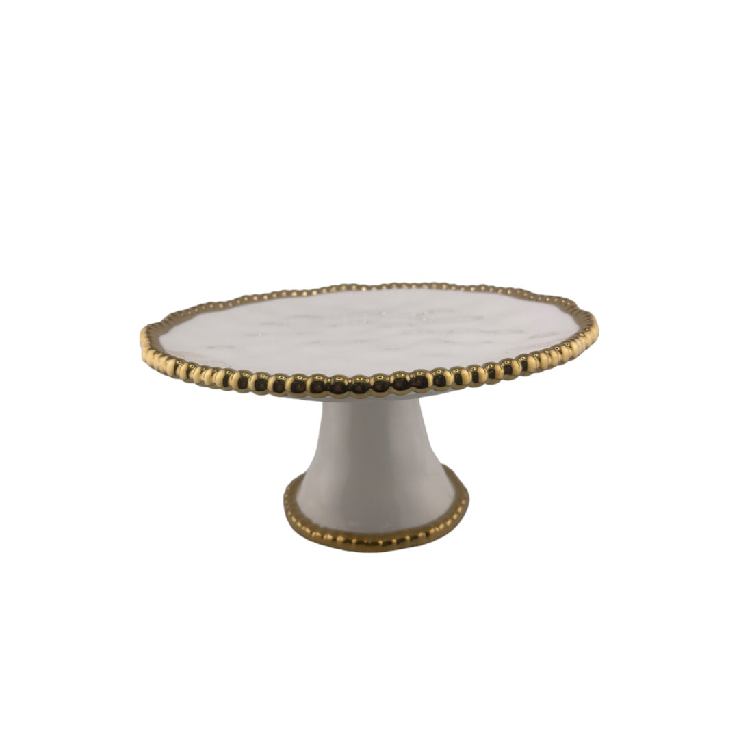 Ceramic, White, Cake, Serving Plate, Gold Rim, Round, on Round Stand