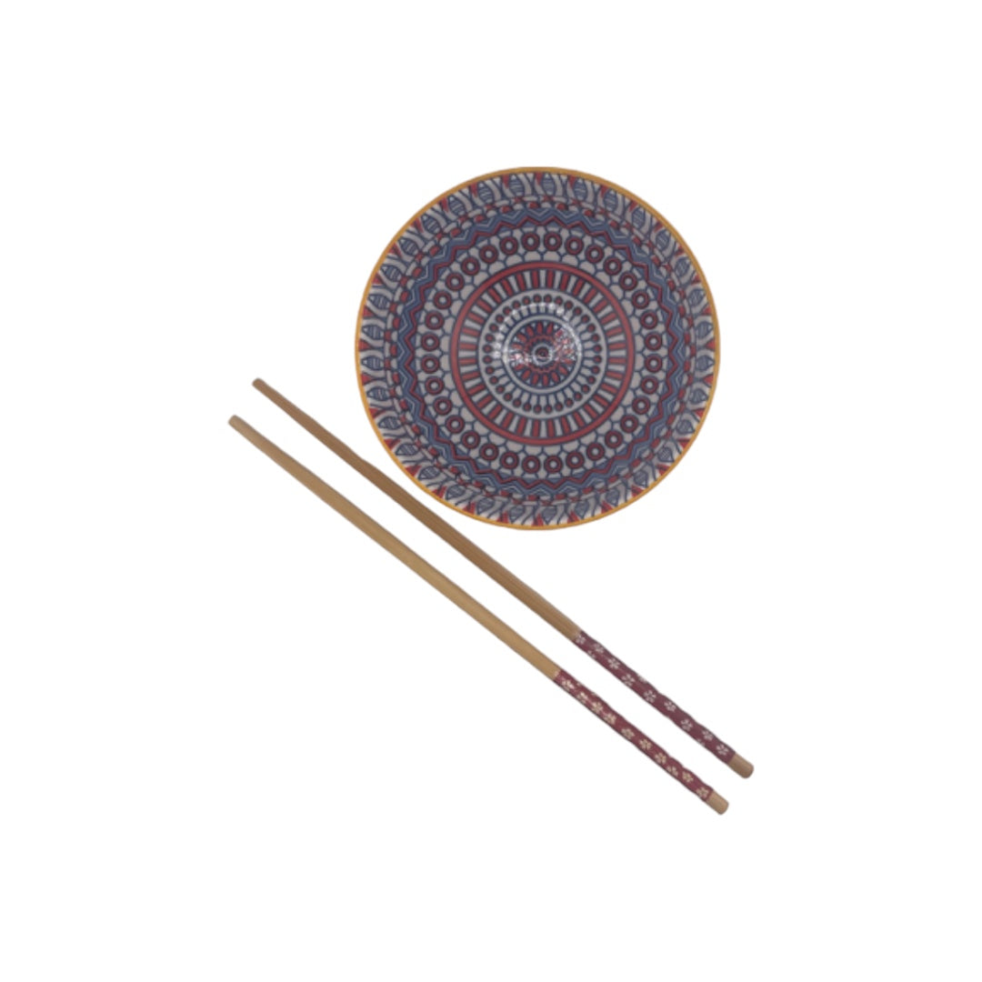 Multicolored Japanese Small Ceramic Bowl Set with Moroccan Design Chopsticks, Set of 4, Gift Set