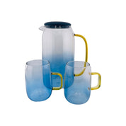 Light Sky Blue Accented Clear Glass Cold Drink Pitcher and Two Cups Set with Gold Handles