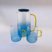 Light Sky Blue Accented Clear Glass Cold Drink Pitcher and Two Cups Set with Gold Handles