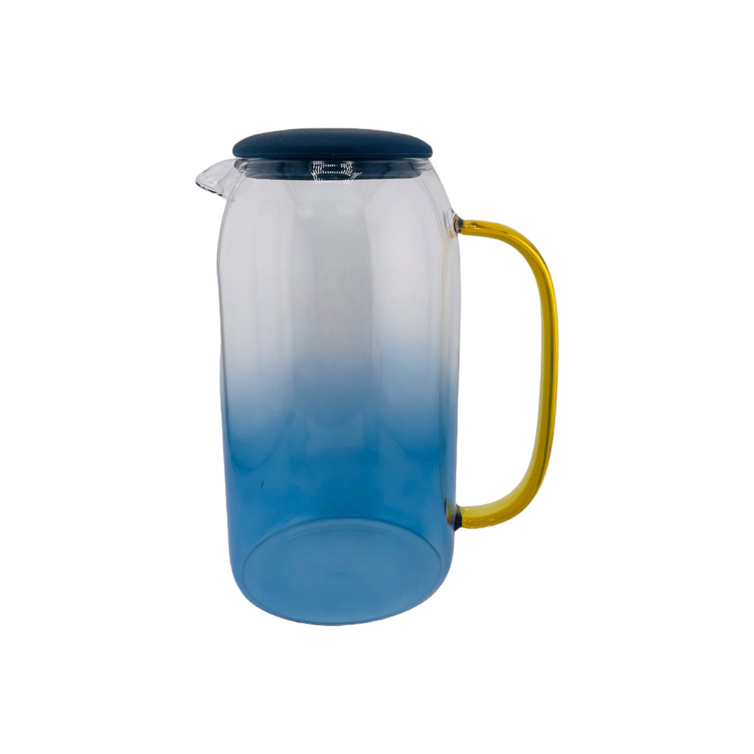 Light Sky Blue Accented Clear Glass Cold Drink Pitcher and Two Cups Set with Gold Handles