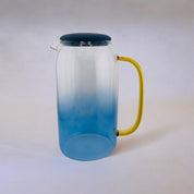 Light Sky Blue Accented Clear Glass Cold Drink Pitcher and Two Cups Set with Gold Handles