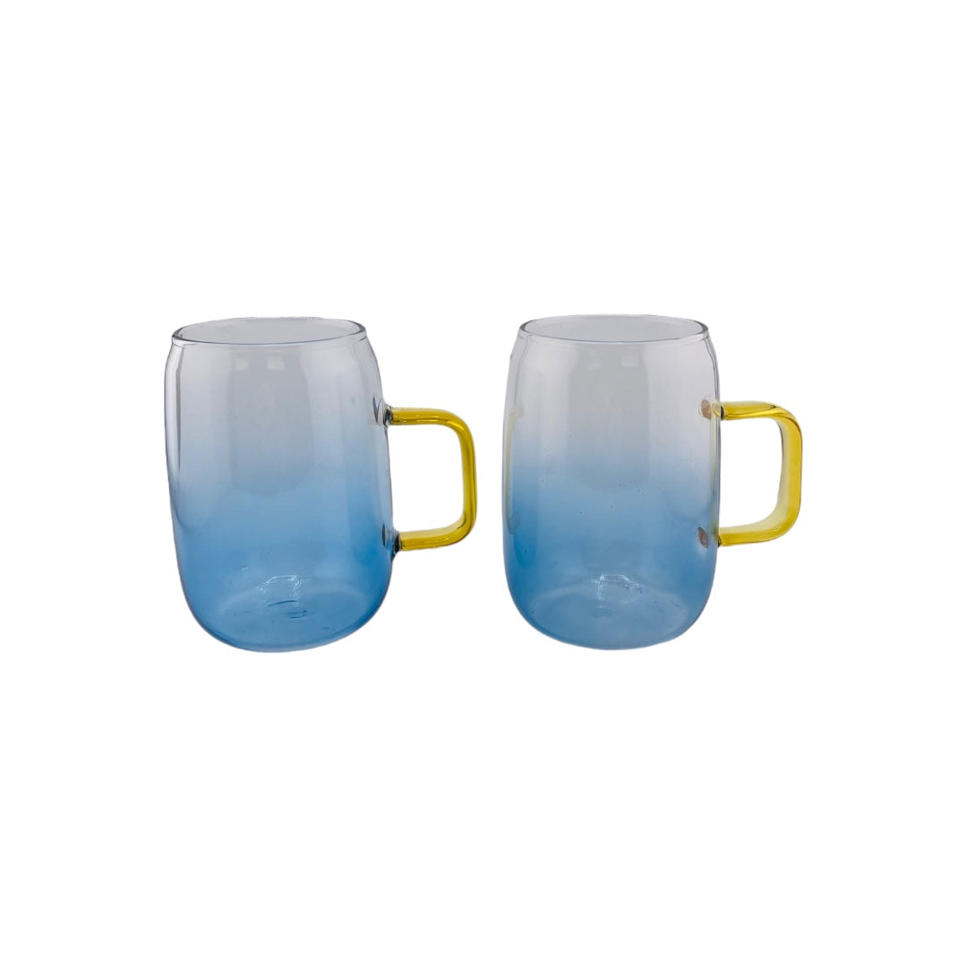 Light Sky Blue Accented Clear Glass Cold Drink Pitcher and Two Cups Set with Gold Handles