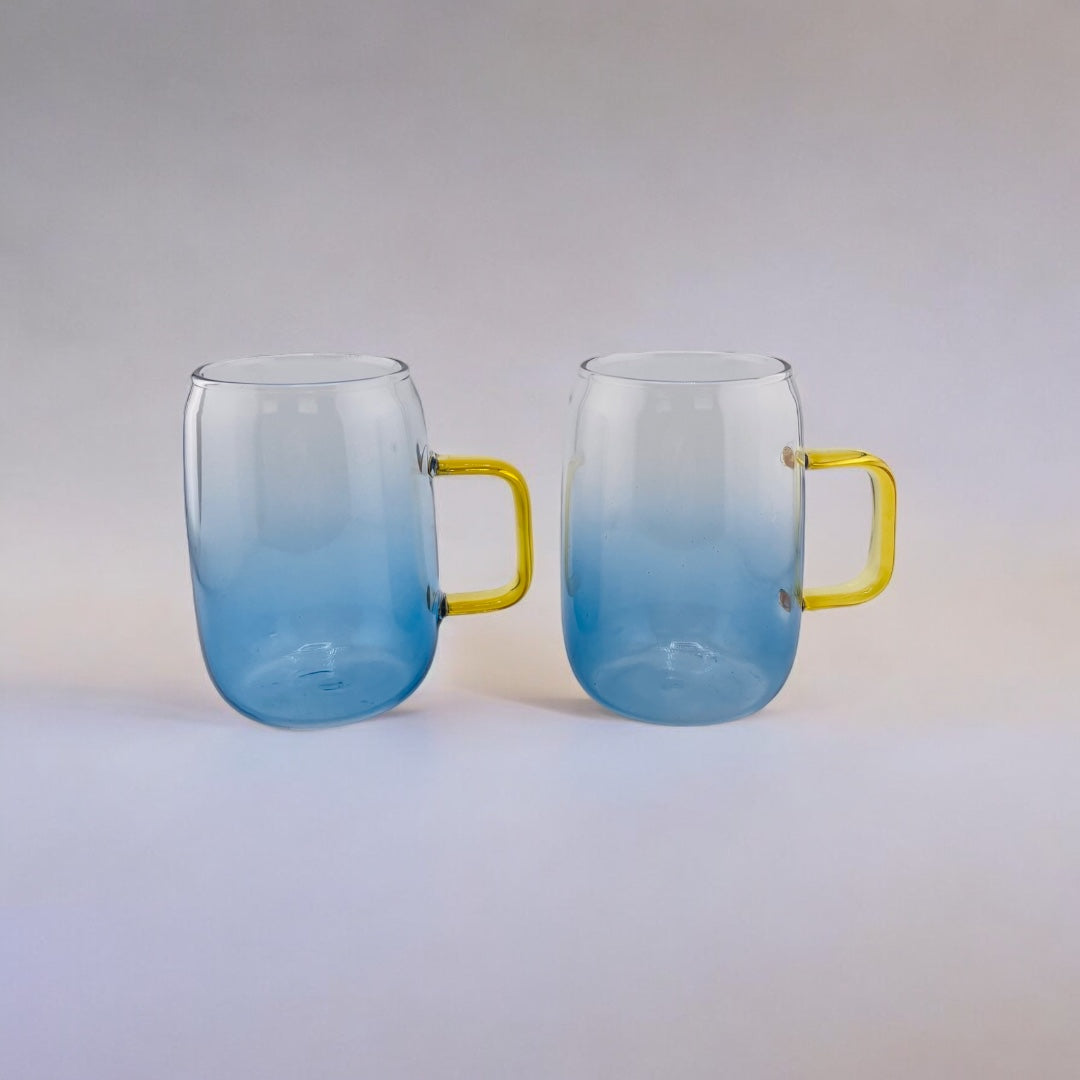 Light Sky Blue Accented Clear Glass Cold Drink Pitcher and Two Cups Set with Gold Handles