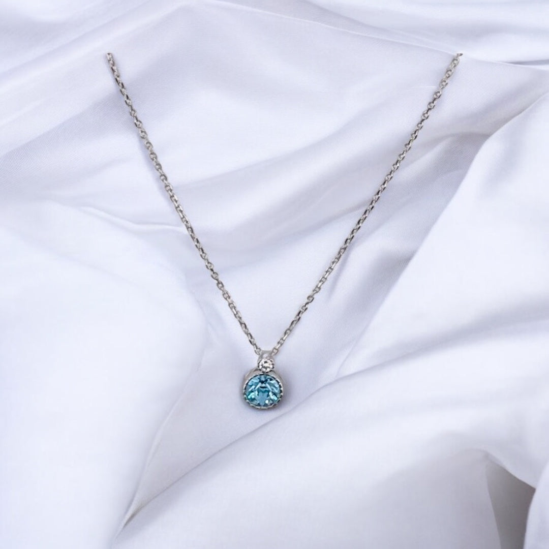 Sterling Silver, Zircon, Light Blue, Round, Pendant, Necklace, Birthstone, Perfect Gift