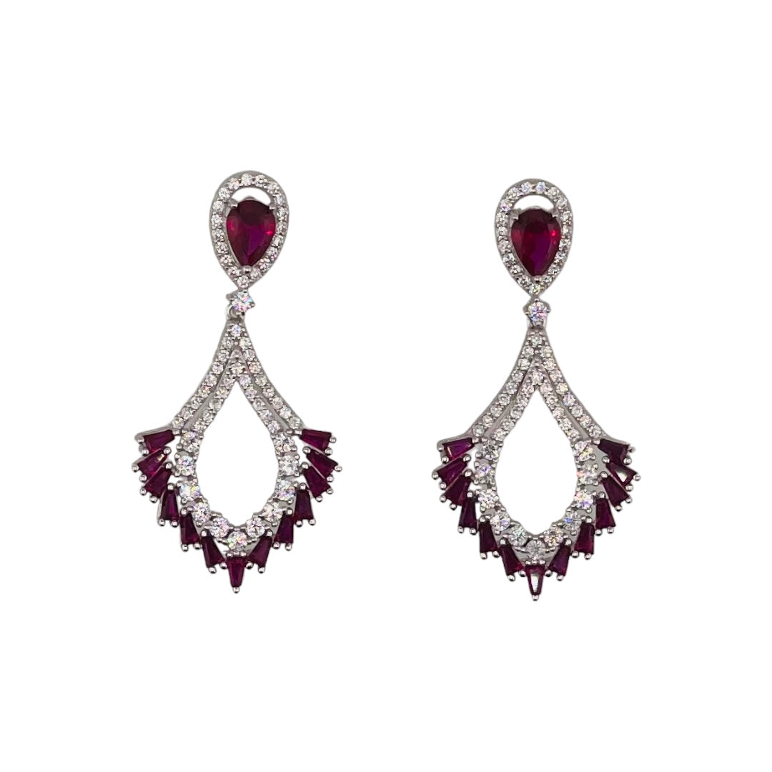 Sterling Silver, Zircon, Red, Pink, Earrings, Ruby Rose, Teardrop Fan