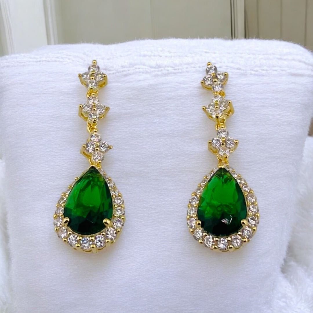 Gold-Plated, Sterling Silver, Zircon, Green, Teardrop, Tassel, Earrings, Emerald Dream