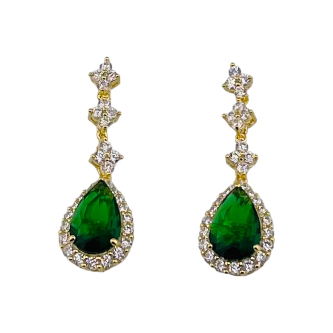 Gold-Plated, Sterling Silver, Zircon, Green, Teardrop, Tassel, Earrings, Emerald Dream