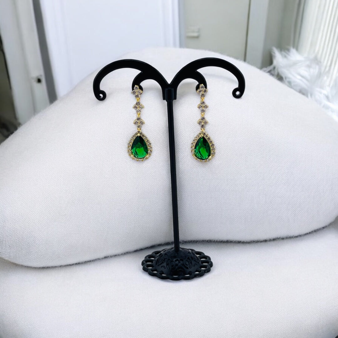 Gold-Plated, Sterling Silver, Zircon, Green, Teardrop, Tassel, Earrings, Emerald Dream