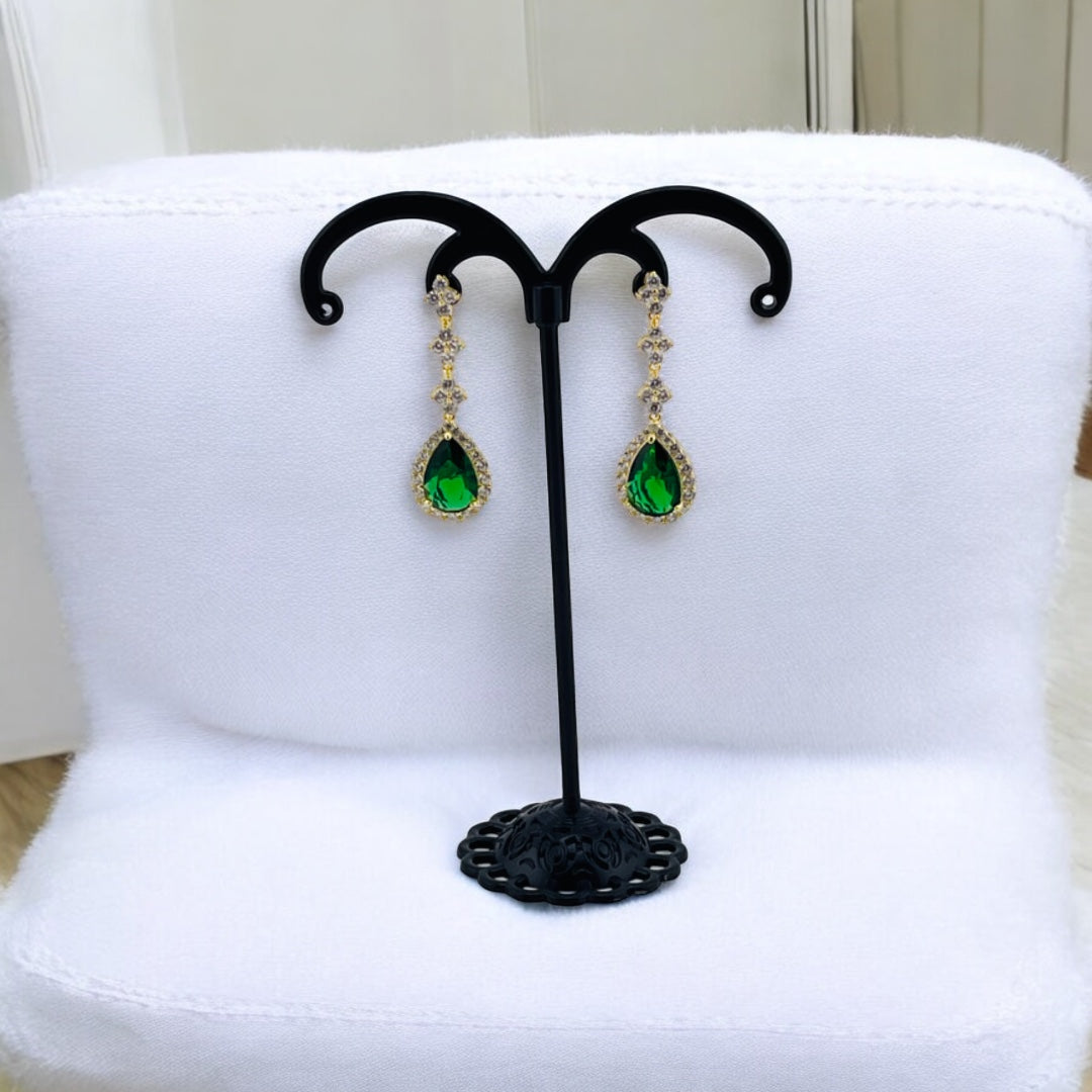 Gold-Plated, Sterling Silver, Zircon, Green, Teardrop, Tassel, Earrings, Emerald Dream