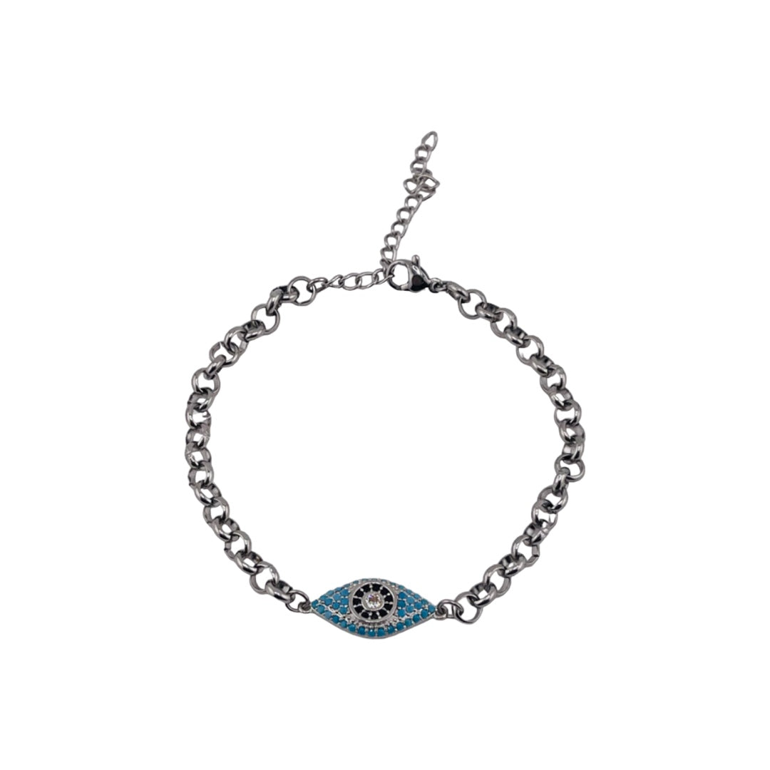 Zircon, Evil Eye, Brass and Rhodium, Circle Link, Bracelet, Light Blue, Protection Jewelry, Talisman