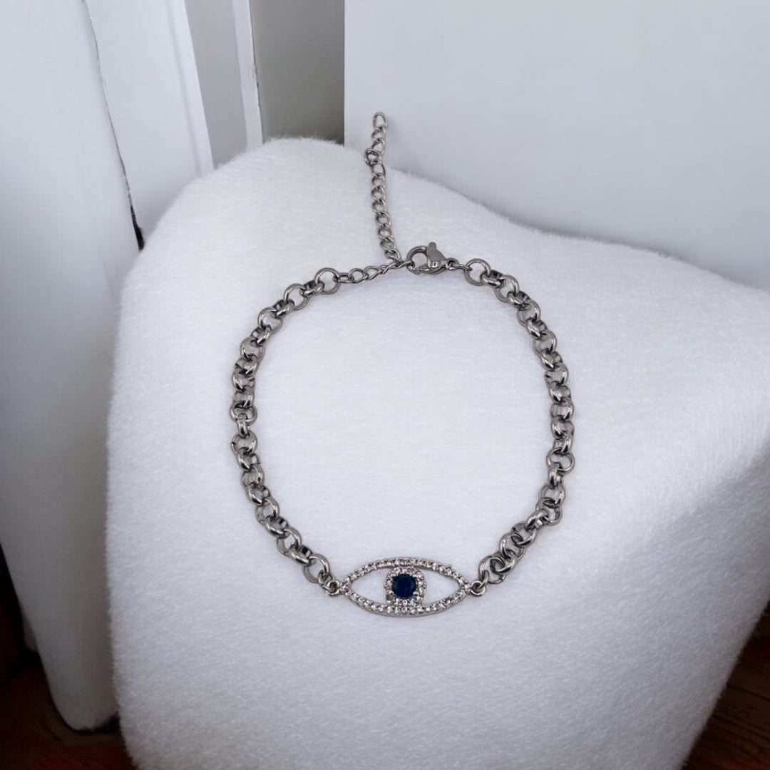 Zircon, Evil Eye, Brass and Rhodium, Circle Link, Bracelet, Protection Jewelry, Talisman