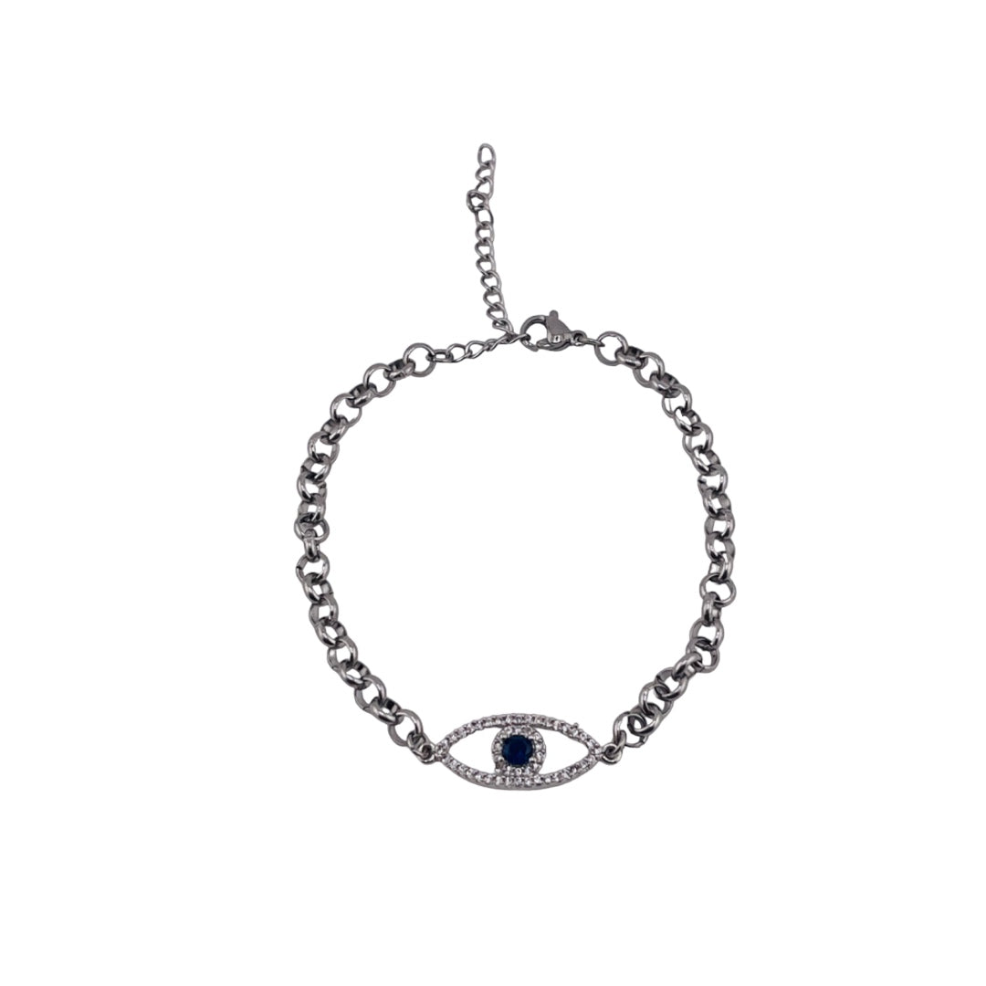 Zircon, Evil Eye, Brass and Rhodium, Circle Link, Bracelet, Protection Jewelry, Talisman