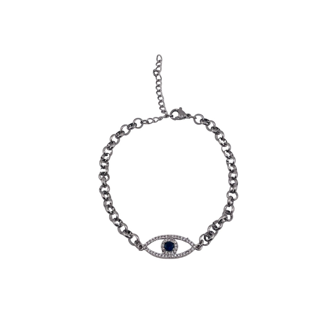 Zircon, Evil Eye, Brass and Rhodium, Circle Link, Bracelet, Protection Jewelry, Talisman