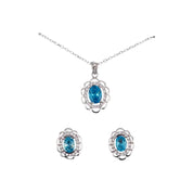 Sterling Silver, Zircon, Light Blue, Floral, Pendant, Necklace, Earrings, Set