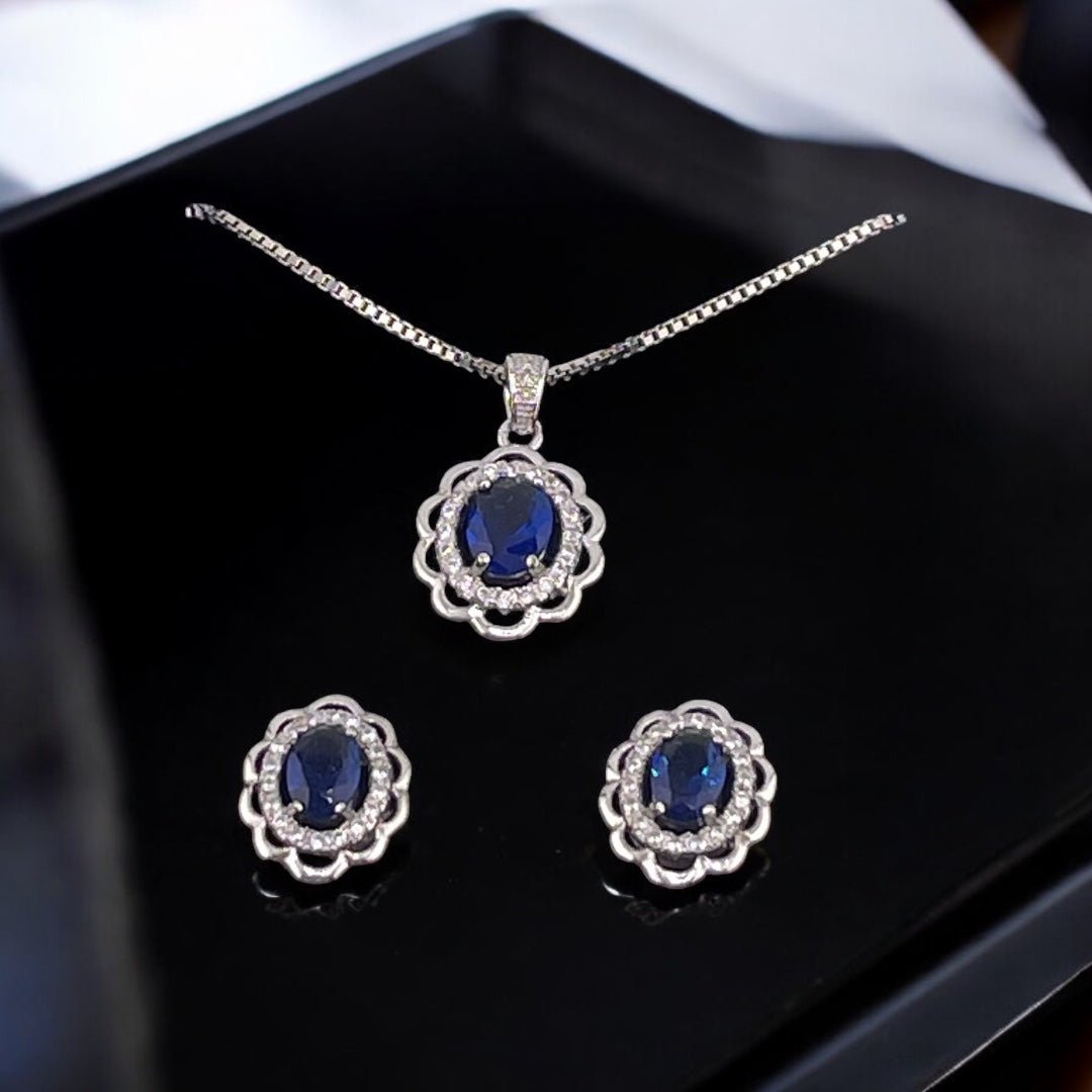 Sterling Silver, Zircon, Dark Blue, Floral, Pendant, Necklace, Earrings, Set